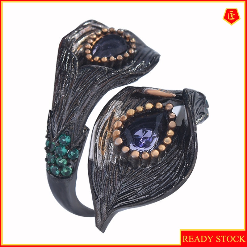 [Ready Stock]Gothic Style Black Gold Common Calla Leaf Two-Tone Ring