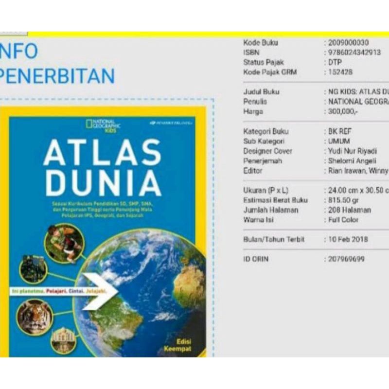 NATIONAL GEOGRAPHIC KIDS ATLAS DUNIA EDISI KEEMPAT. SD, SMP, SMA & MAHASISWA ERLANGGA