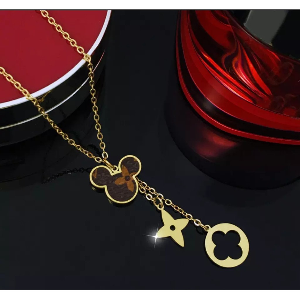 Kalung Titanium L* Kulit Sintetis Mickey Tersedia Warna Rose Gold dan Gold