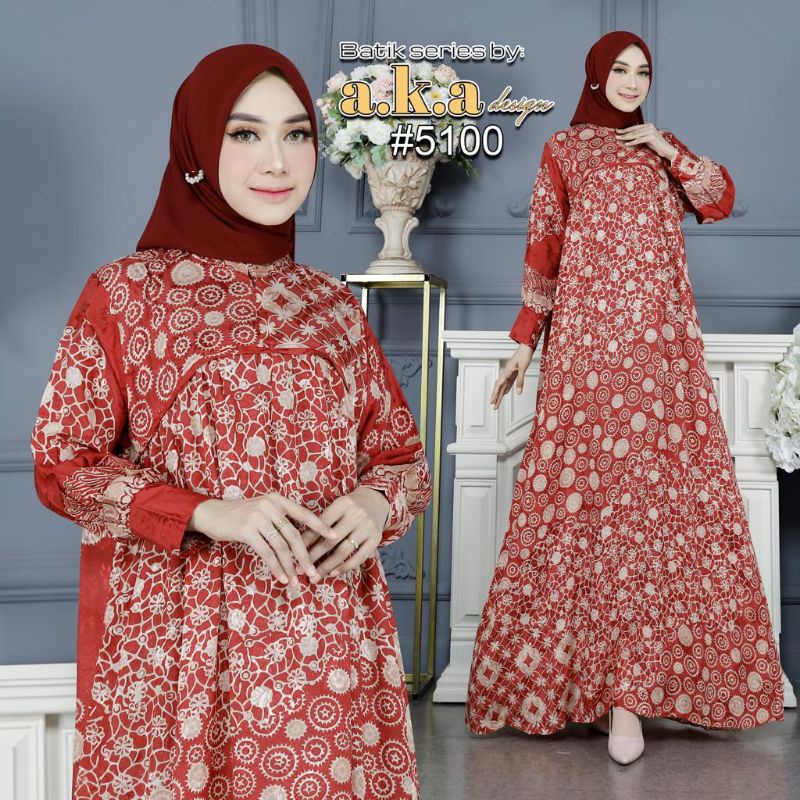 [5100]Gamis Batik Semi Sutra Resleting Depan Tangan Kancing // Kode AKA