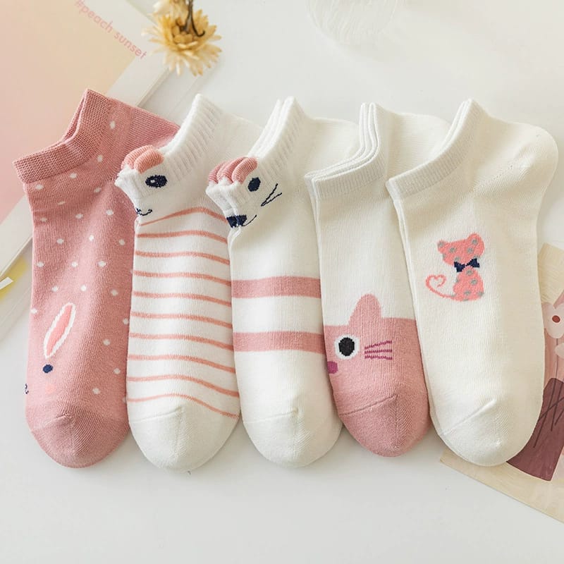 ❀ Chingu ❀ KK034 Kaos Kaki (Tanpa Kemasan) Wanita Tipis Pendek Semata Kaki Motif Kucing Kitty Lucu Fashion Korea Women Sock Import Murah