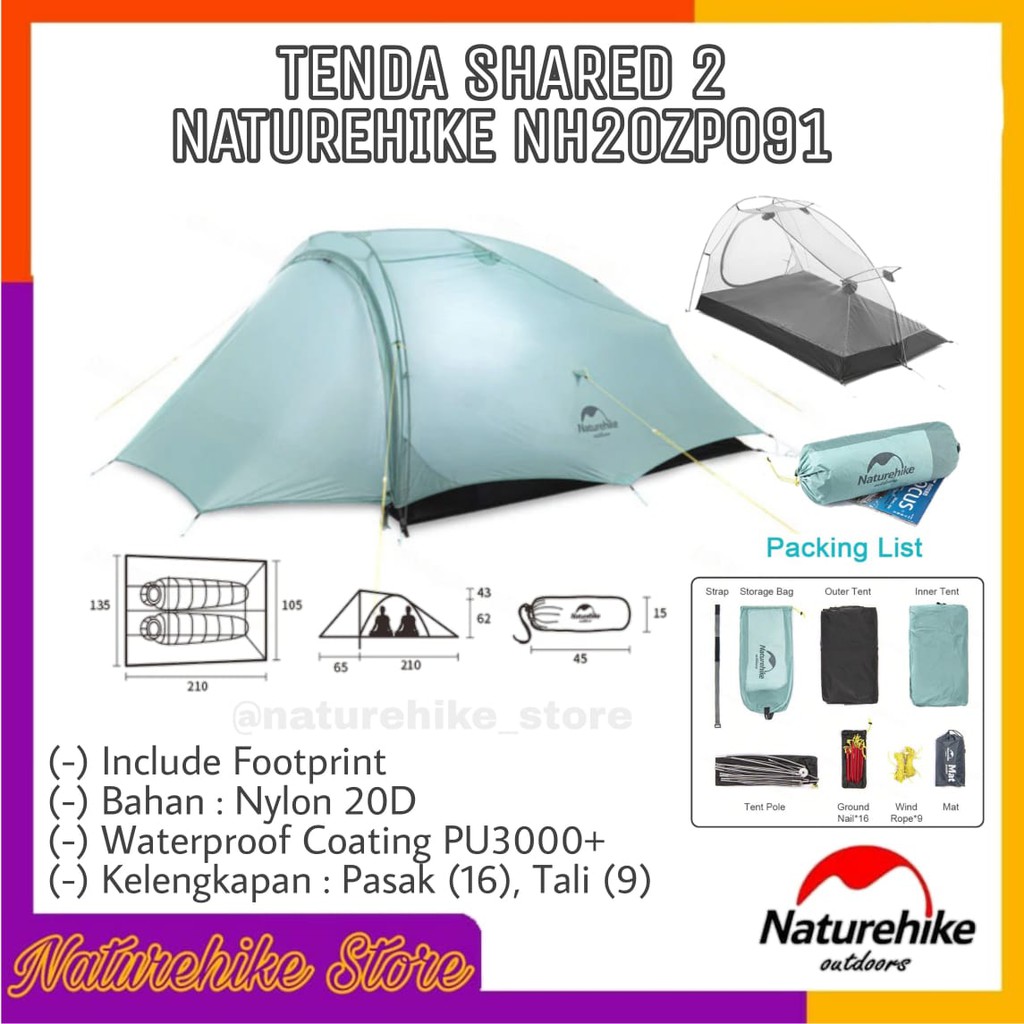 Tenda Shared 2 20D Nylon Naturehike NH20ZP091 Ultralight Camping Tent Outdoor 3 Musim Hiking Gunung 