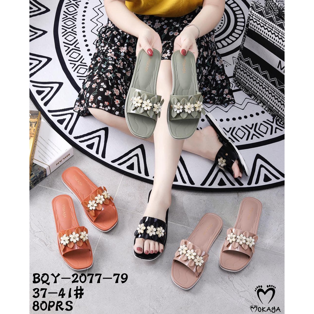 Sandal Slop Wanita Ban Motif 3 Bunga Melati Super Cantik Mewah Import Mokaya / Size 37-41 (2077-79)