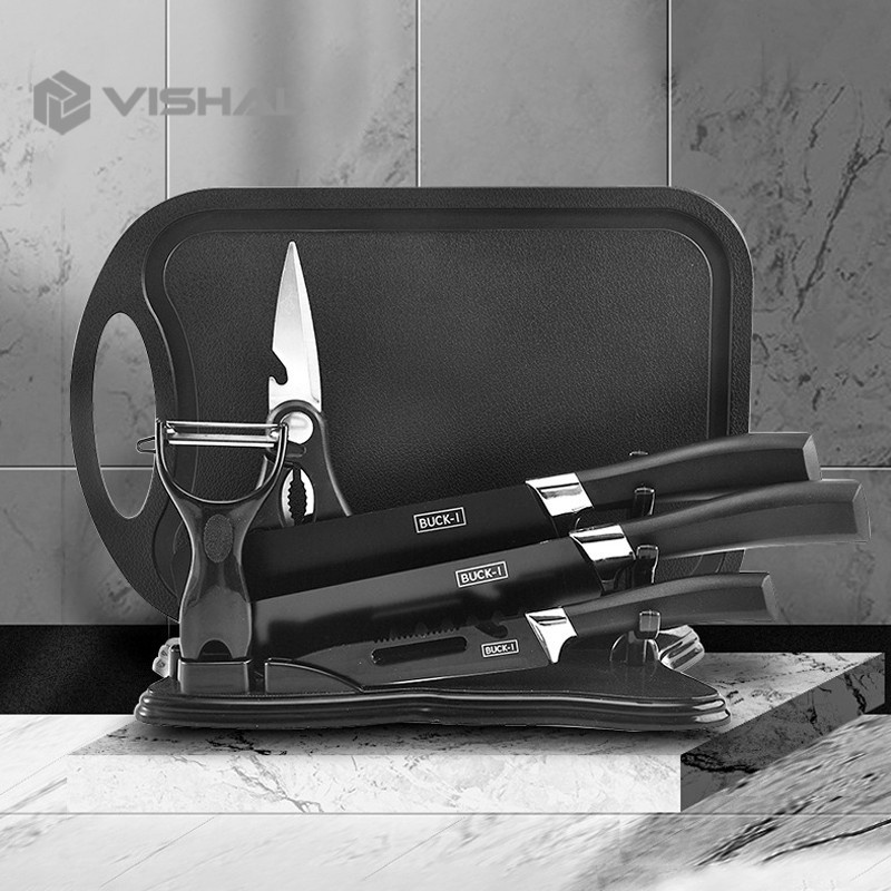 VISHAL Pisau Dapur 1 Set Tajam Hitam Knife Set Pisau Dapur isi 7Pcs Dengan Talenan VS-21