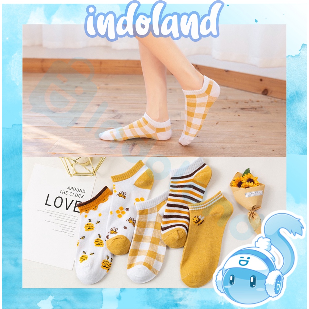 ☀ INDOLAND ☀ Kaos Kaki Wanita Motif Bunga Lebah Bee Kuning Fashion Korea Women Sock Import KK002