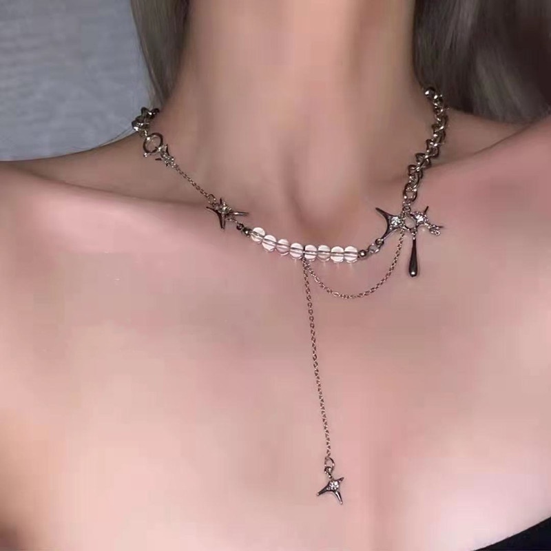 AY(CN) Kalung Choker Rantai Rumbai Manik-Manik Kristal Bintang Empat Sudut Warna Silver Gaya Korea Untuk Wanita