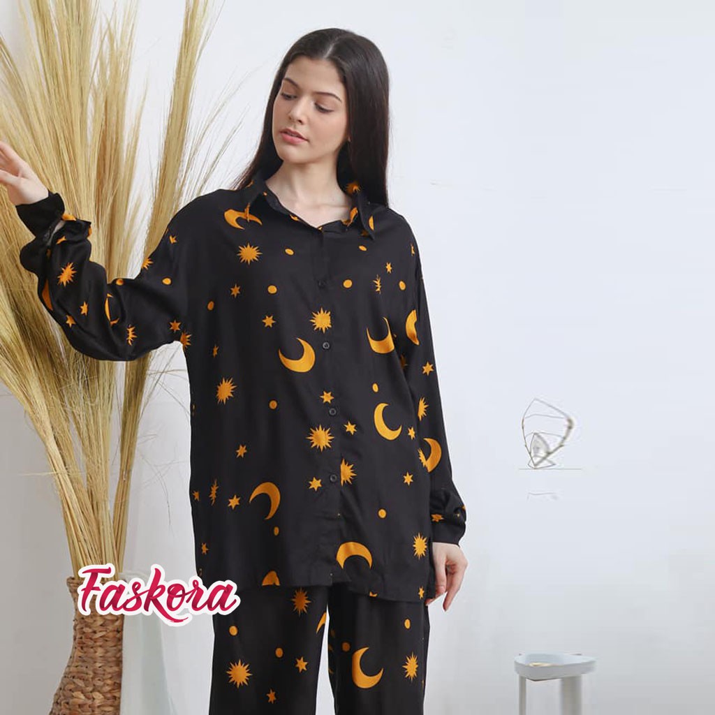 Piyama Wanita Lengan Panjang Jumbo Bulan Bintang / Pajamas Katun Rayon Jumbo Set Bulan Bintang