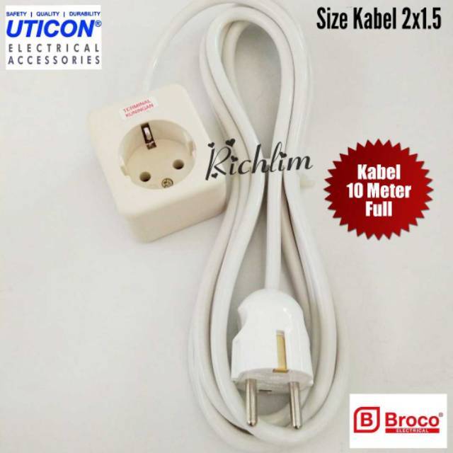 Stop Kontak/Colokan Listrik 1 Lubang Uticon+Steker Arde Broco+Kabel Serabut 2x1.5