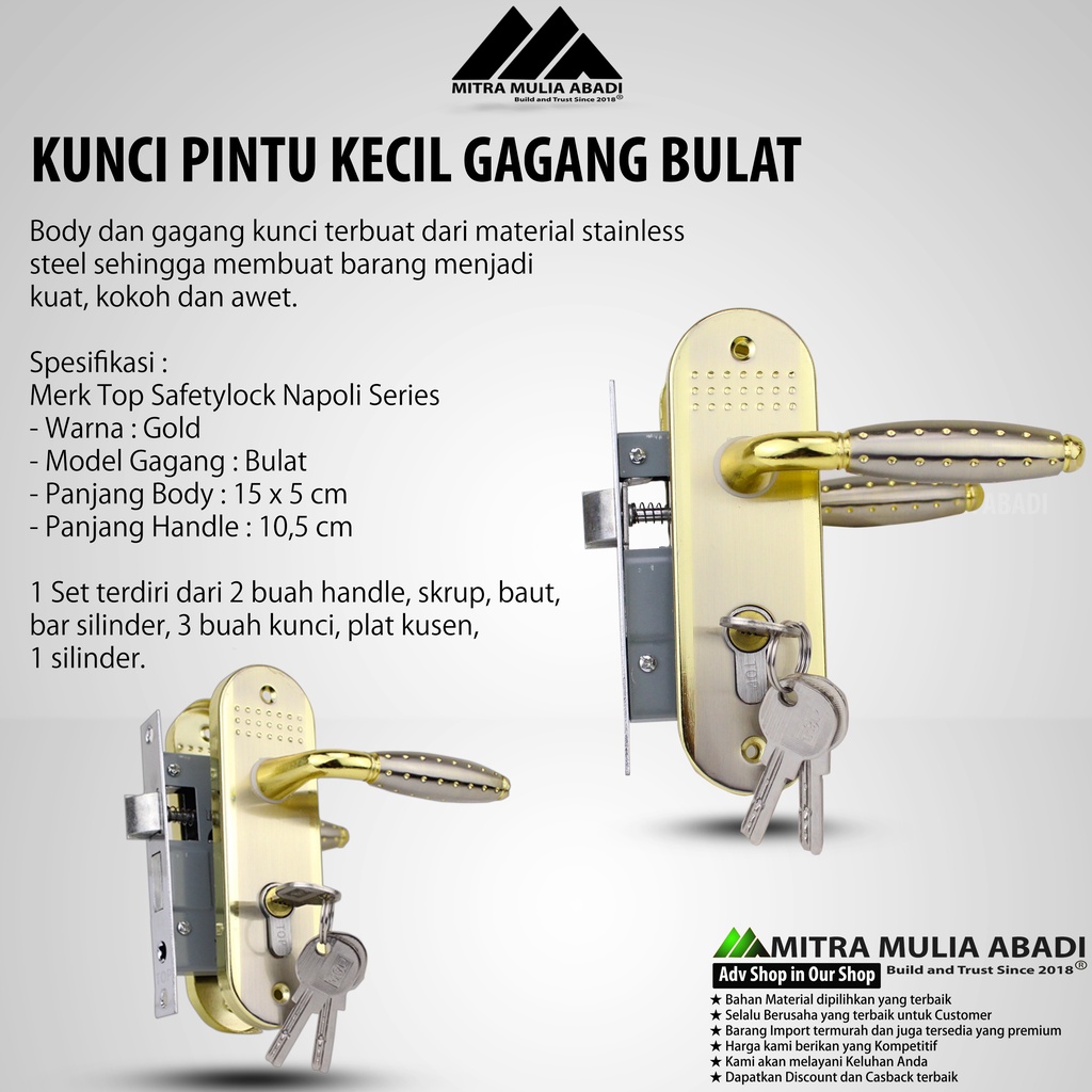 Kunci Pintu Rumah Gagang Bulat Kecil 15cm Napoli doorlock fullset