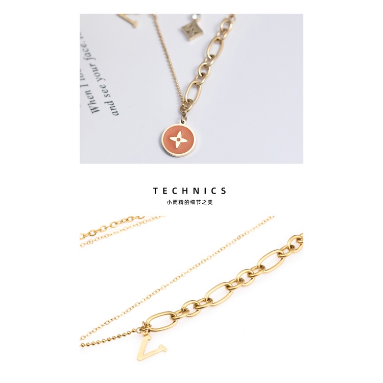 Kalung Double Layer Bahan Stainless Steel Lapis Emas 14k Bentuk Bulat Gaya Korea