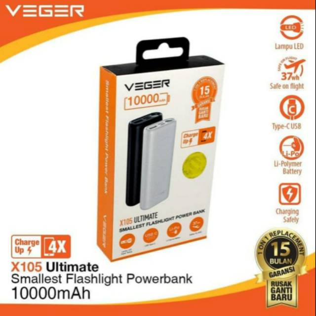 Powerbank Power Bank Veger X105 10000 mah Lampu Senter dan USB C