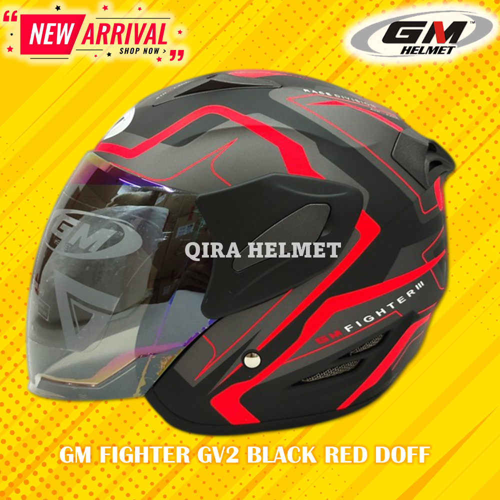 Helm GM Fighter GV2 Black Red Doff Half Face Motor SNI Helem Dewasa Pria Wanita Helmet Original