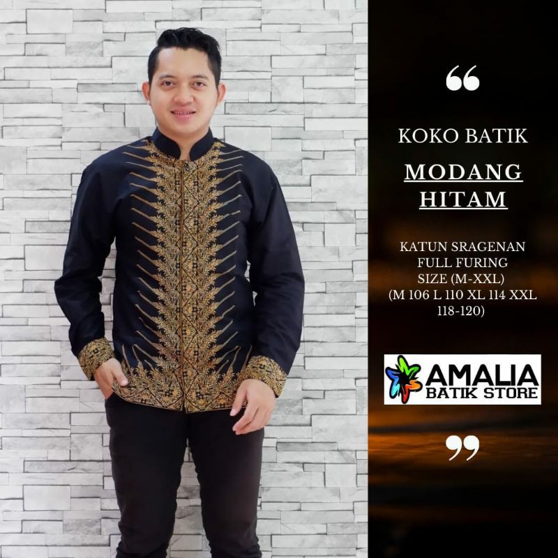 Koko Modang Hitam Kemeja Batik Pria Modern Asli Solo Atasan Batik by Amalia
