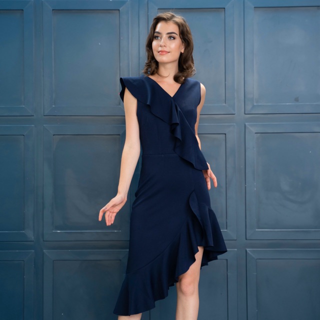 ZORA DRESS Biru Navy Blue - Dres Pesta Scuba V neck VNeck Gaun Pesta Wanita