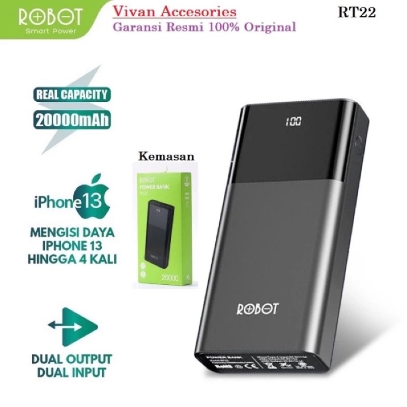 ROBOT RT22 PowerBank 20000mah Dual Port Input &amp; Output Led Display