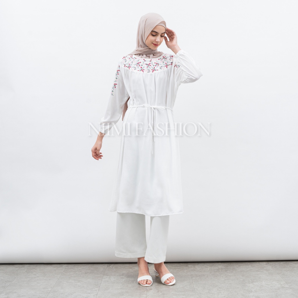 NIMI - Madina Dres Midi Dress Putih Bordir Tunik Putih Premium