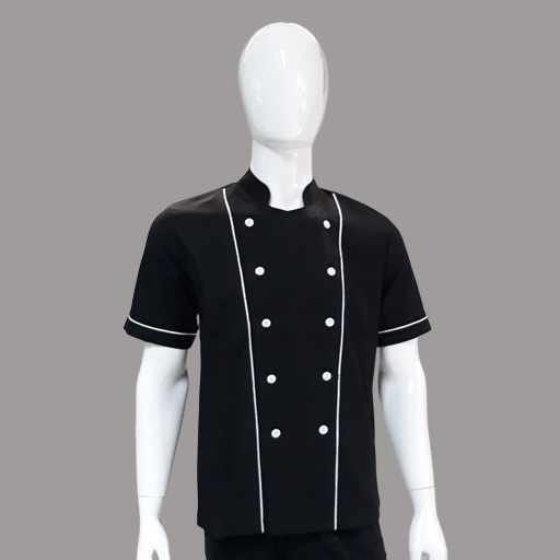 Chef Wear Baju Koki SS Hitam (piping putih)  S-XXL