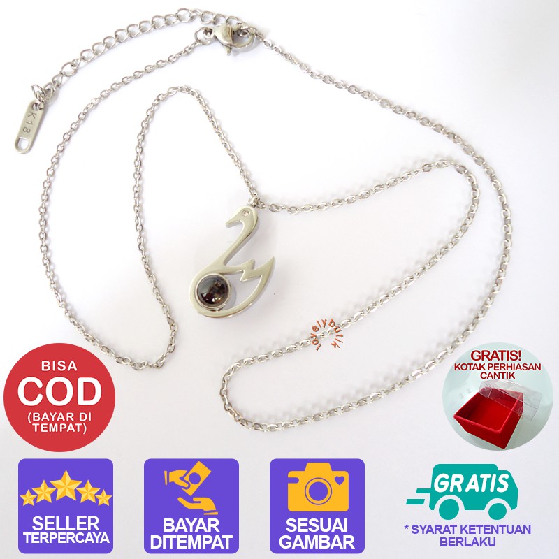 Kalung Titanium Perhiasan Anti Karat Rantai Lapis Silver Liontin Kristal Angsa Lovelybutik