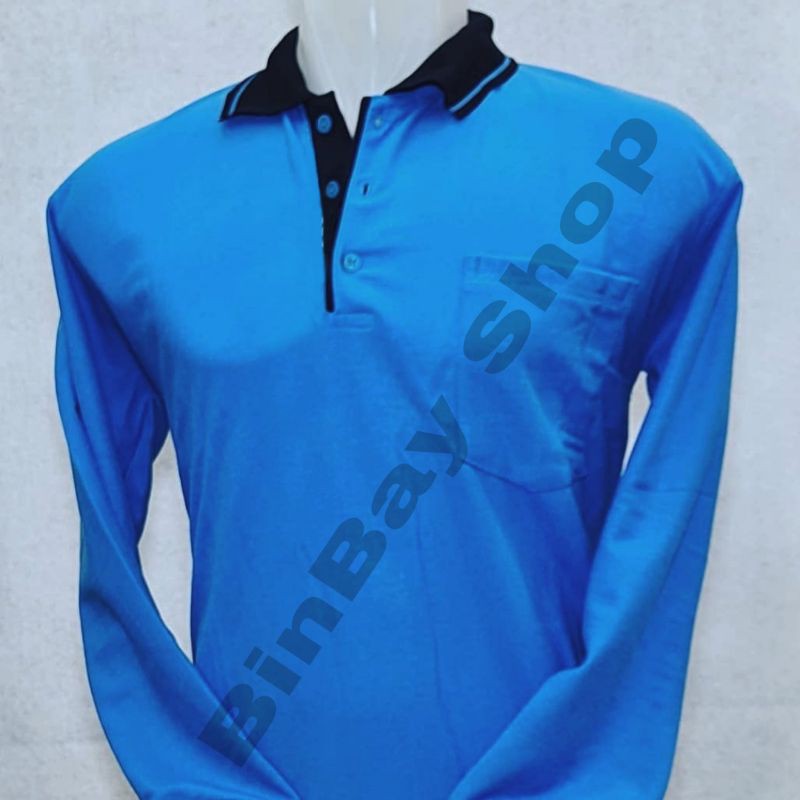KAOS KERAH POLYESTER PIQUE LENGAN PANJANG BIRU TURKIS LIS HITAM