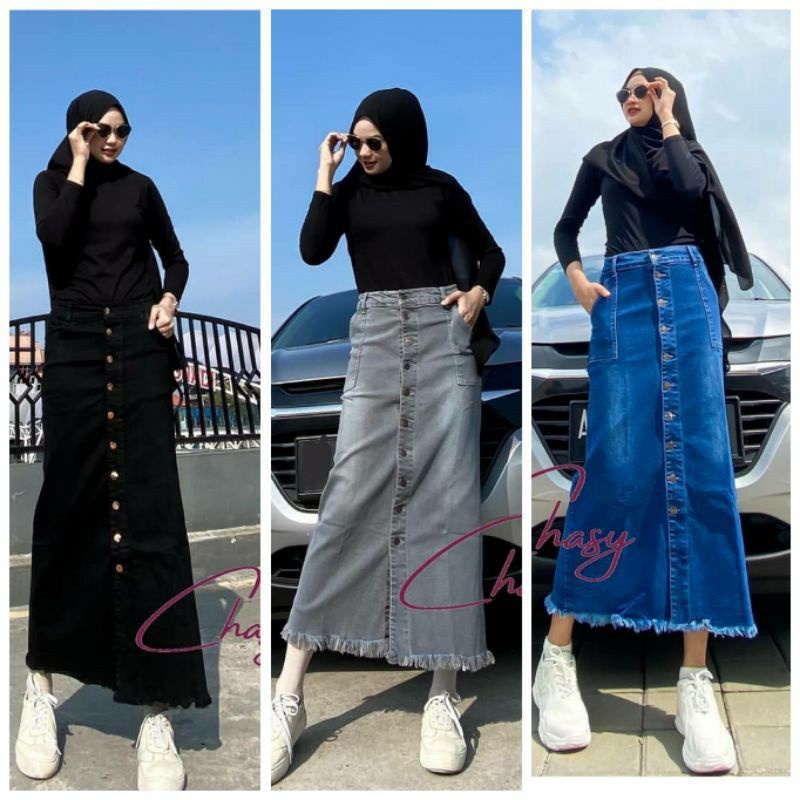 Rok Jeans Panjang Gisca kancing depan // Rok Jeans Wanita Kancing Premium