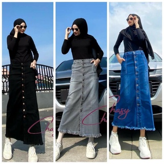Image of Rok Jeans Panjang Gisca kancing depan // Rok Jeans Wanita Kancing Premium