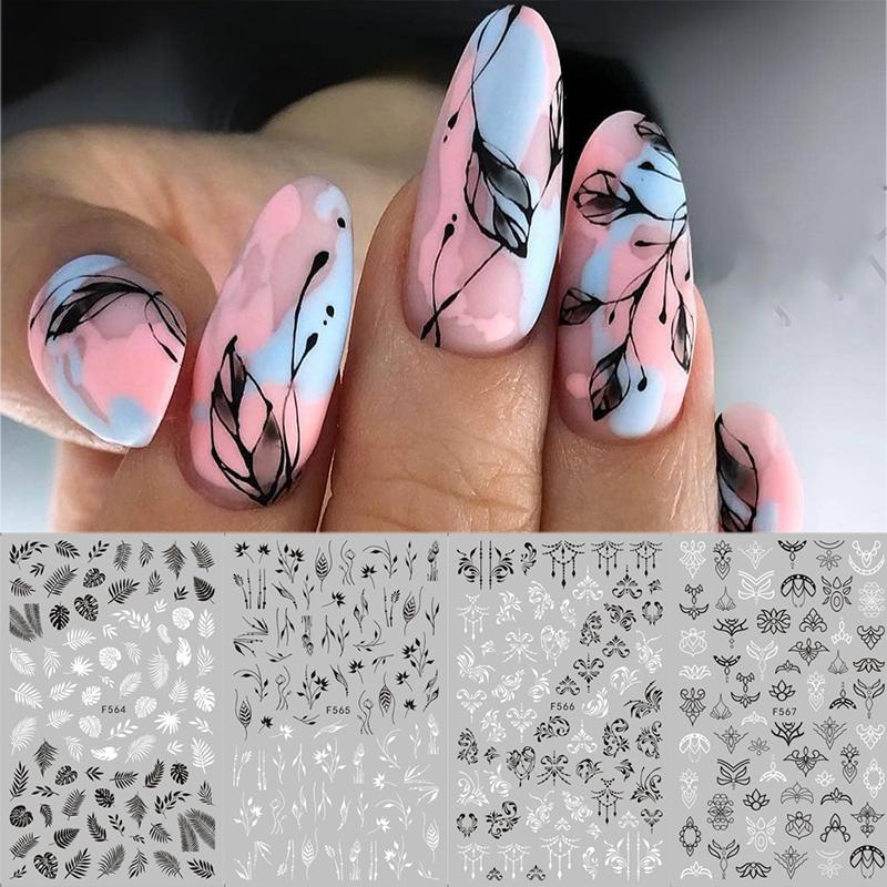 1 Lembar Stiker Kuku 3d Motif Bunga Daun Mandala Warna Hitam Putih Untuk Nail Art