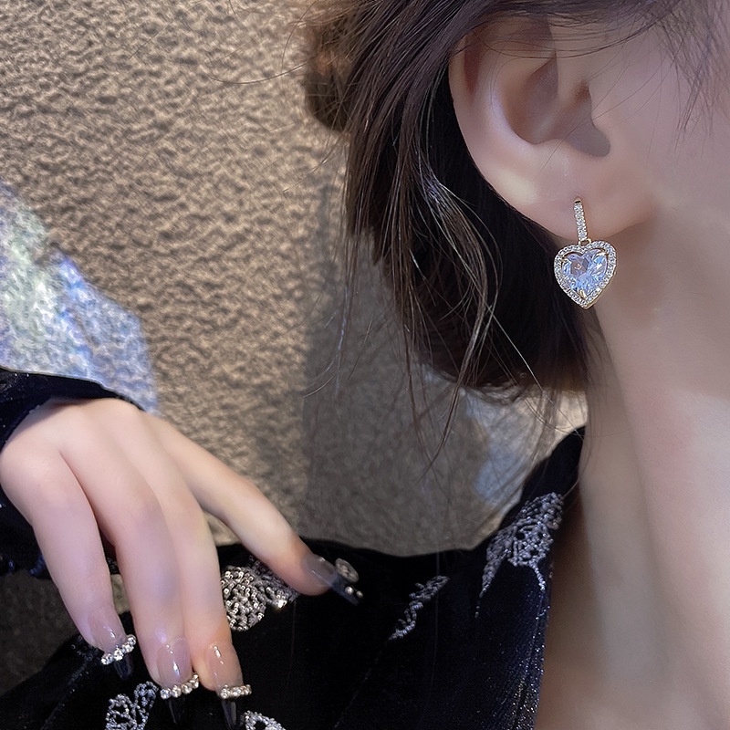 Anting Tusuk Sterling silver 925 Desain Hati Hias Zircon Besar Mewah Untuk Wanita