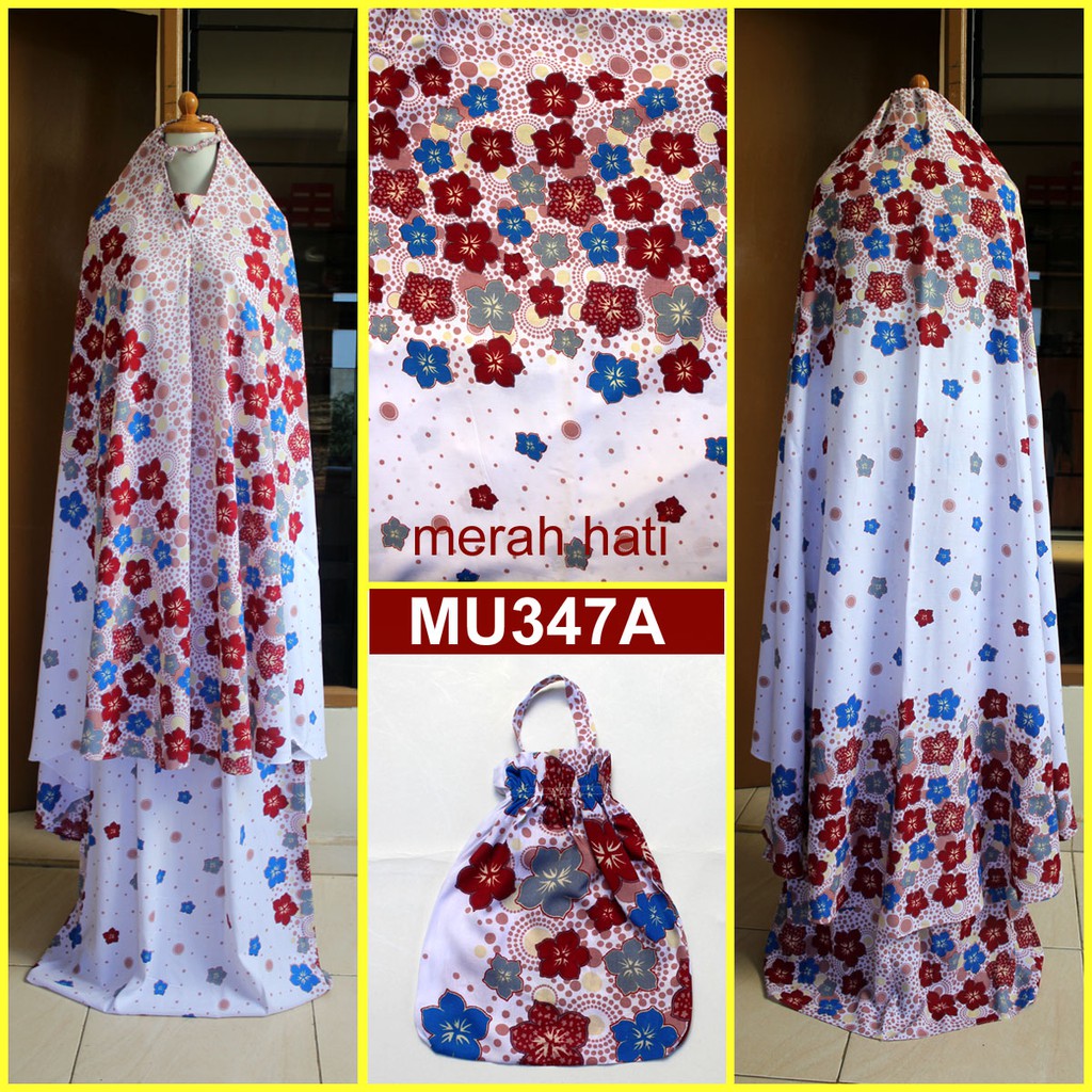 JUAL Mukena Bali Dasar Putih Motif Bunga Sakura - MU347A (Merah Hati)