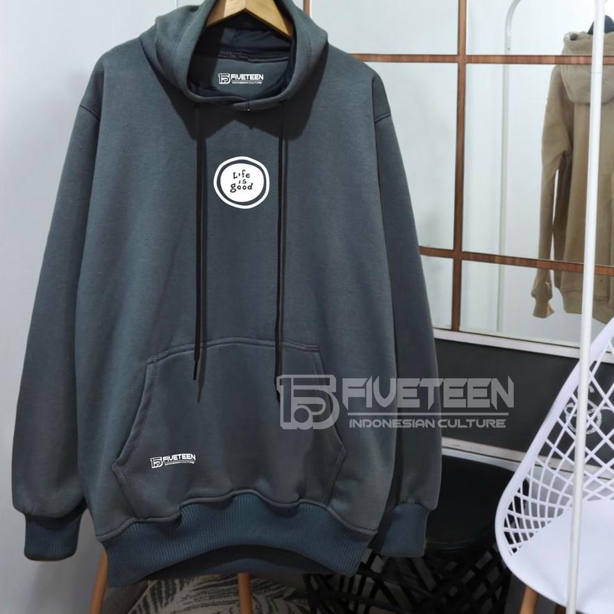 ✶ jaket distro original brand 15fifteen15 warna abu paralon list sablon life is good hoodie cowok di