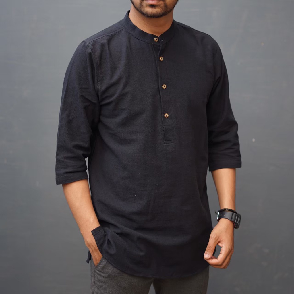 AL HABSYI Kurta Pakistan Linen l Baju Koko kurta Pakistan l Kurta Pakistan lengan tiga perempat l Koko Qurta l Qurta Pria l Qurta lengan tiga perempat l KURTA LS pria lengan tiga perempat polos warna Hitam seri KLTP 003 l BAJU MUSLIM TERBARU 2022