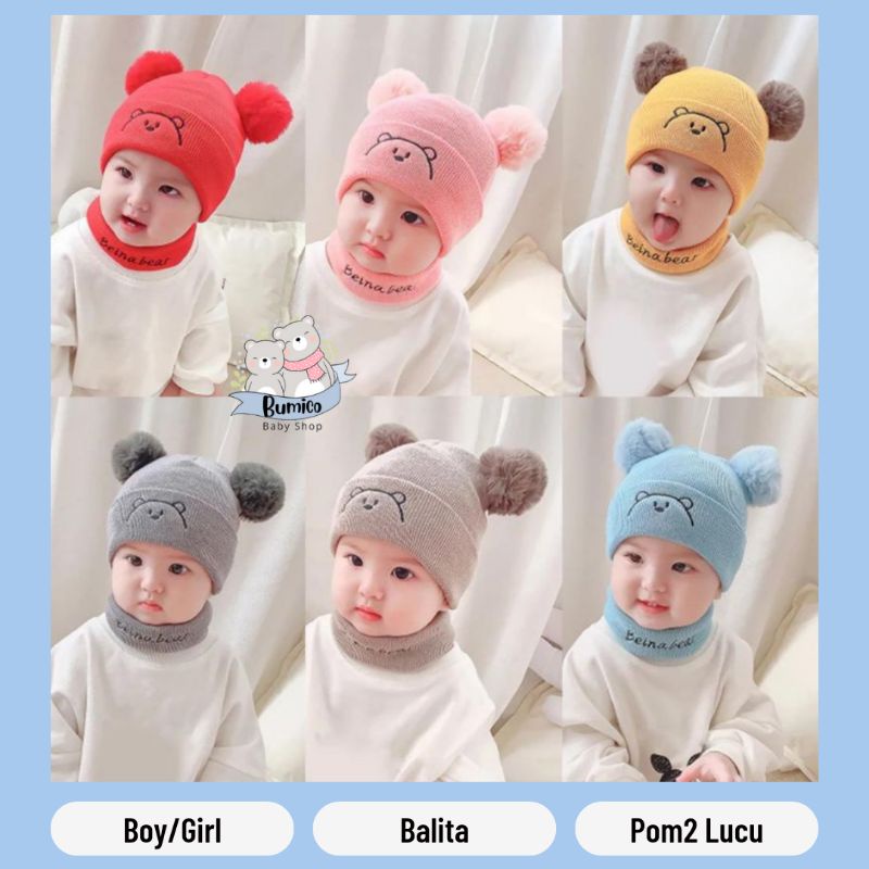 Topi Bayi Rajut Lucu Pom-Pom Bear Anak Laki dan Perempuan
