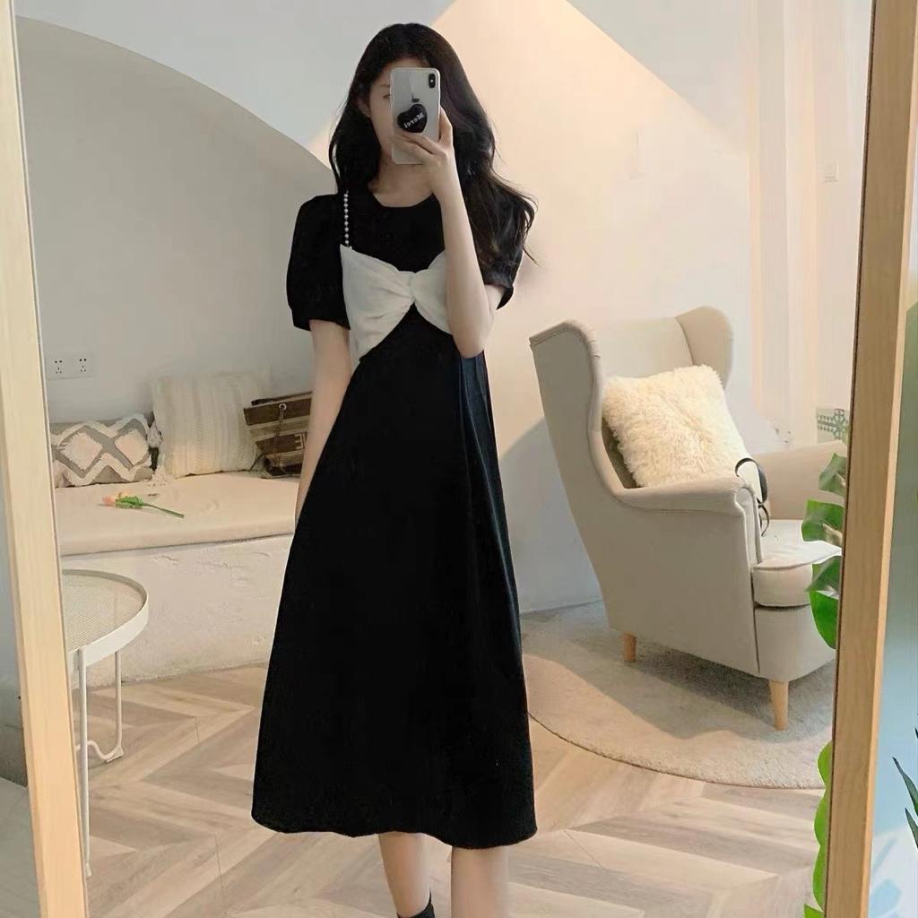 [littlecrab] Dress Pita Putih Biru Langit Hitam Long Dress With Pearl And Ribbon Simple Elegan Gaun Wanita Panjang Lengan Pendek Berkualitas Korean Style