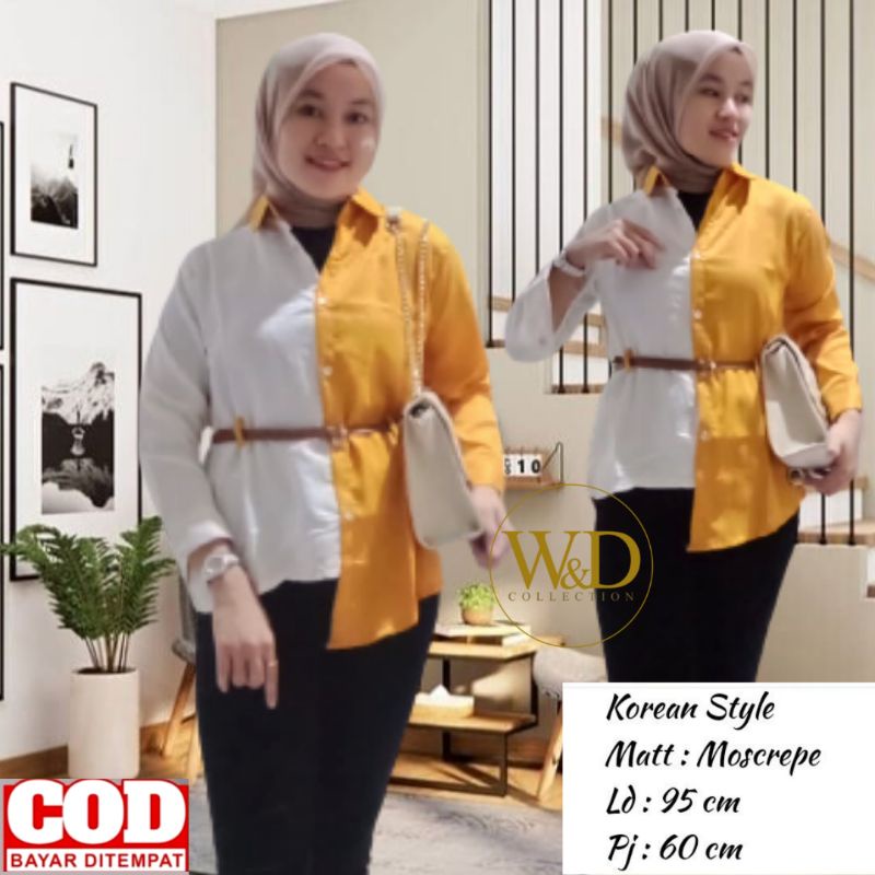 BLOUSE LOVELY TOP ATASAN KEMEJA WANITA POLOS KOMBINASI 2 WARNA CASUAL KOREA LENGAN PANJANG MOSCREPE FREE IKAT PINGGANG-Kuning kunyit