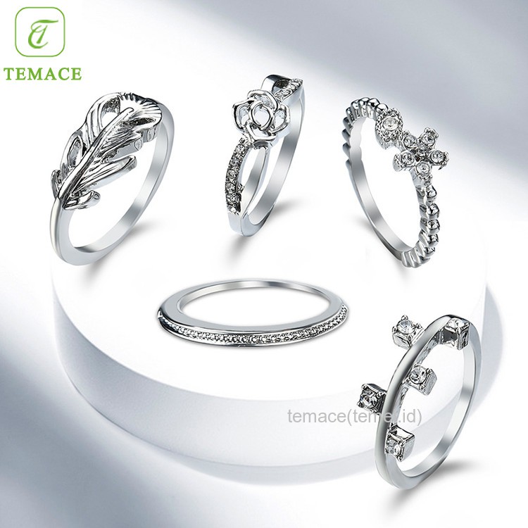 Cincin titanium Set Berlian Imitasi Elegan Korea Wanita 5pc