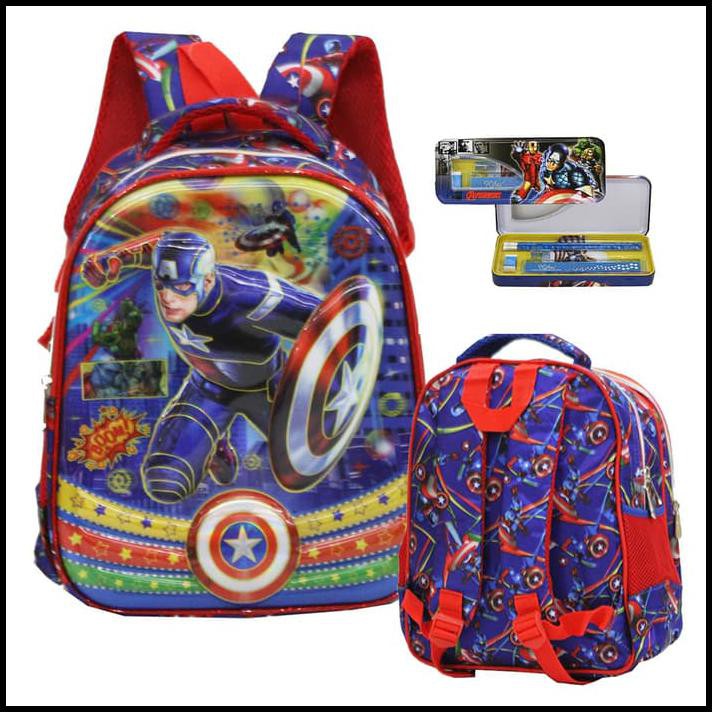 

GROSIR OPEN Tas Ransel TK Import Avengers 5D Timbul + Kotak Pensil Alat Tulis Red
