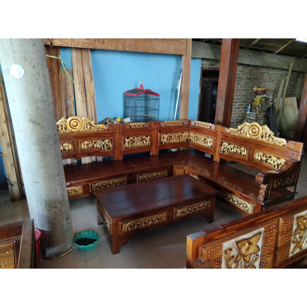 MEJA KURSI TAMU KAYU JATI MODEL SUDUT