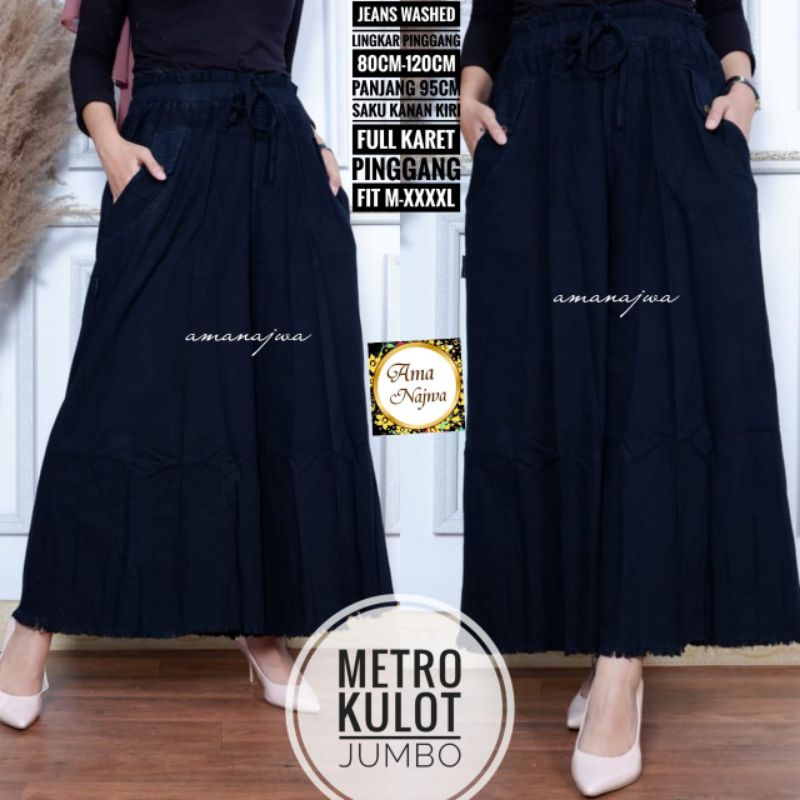 Metro Celana Kulot Jumbo Polos Hitam Jeans Rawis Lp 80-120 Fit XXXXL Pinggang Karet By AMJ