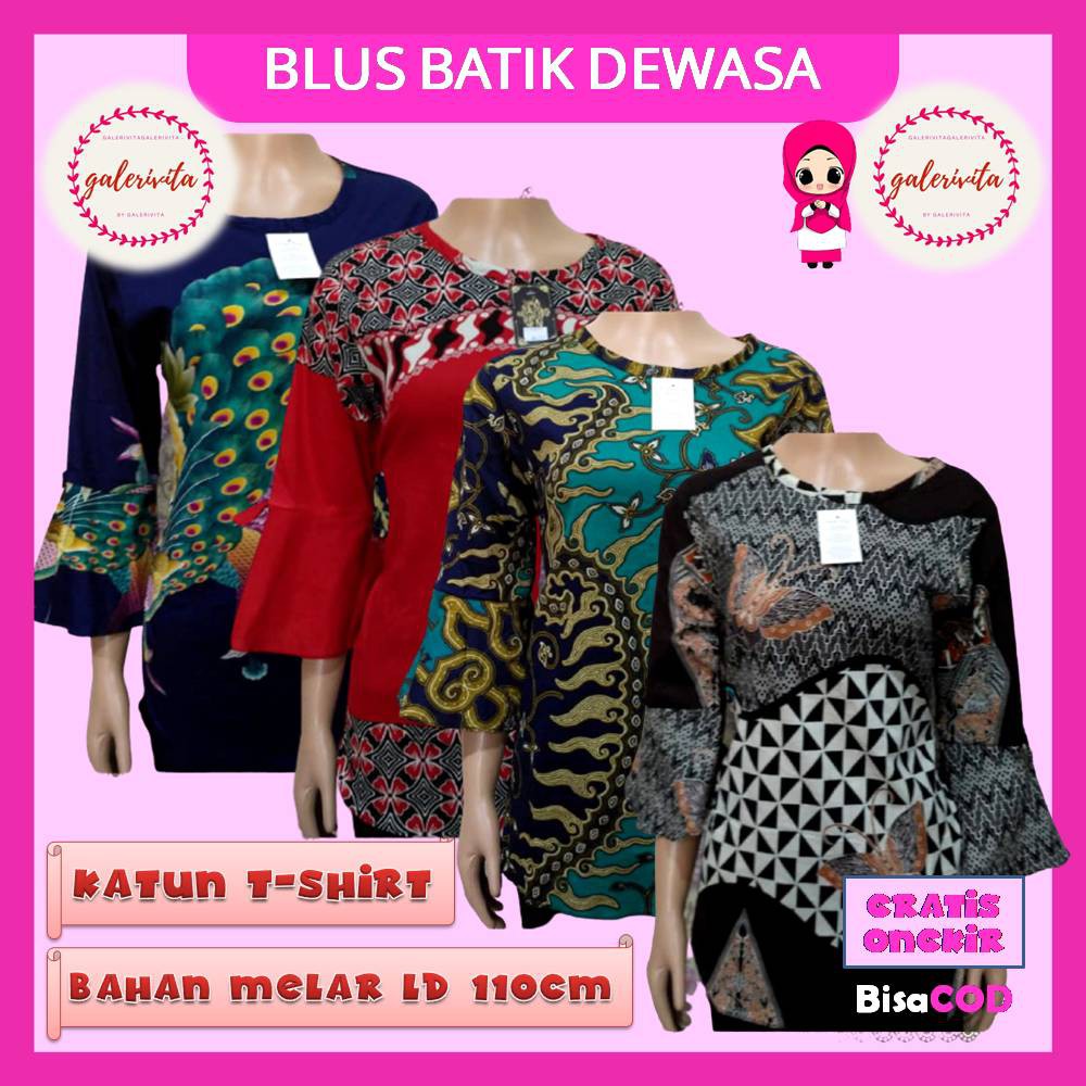 Blus Atasan Batik Modern Wanita Jumbo Murah / Blouse Batik Cap Wanita Kerja Lengan Panjang Murah