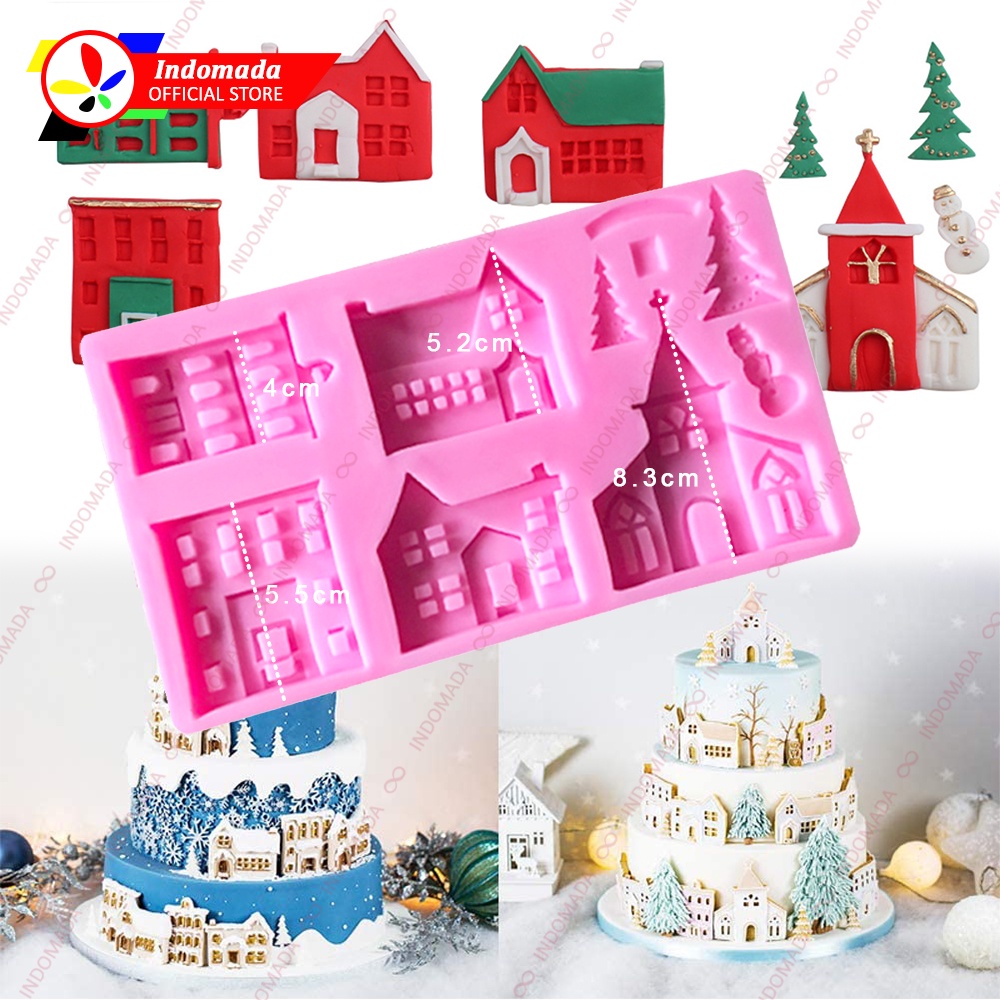 Indomada Cetakan Silikon Fondant Pohon Natal Cemara Gereja Snowman Merry Christmas Kastil Istana Cok