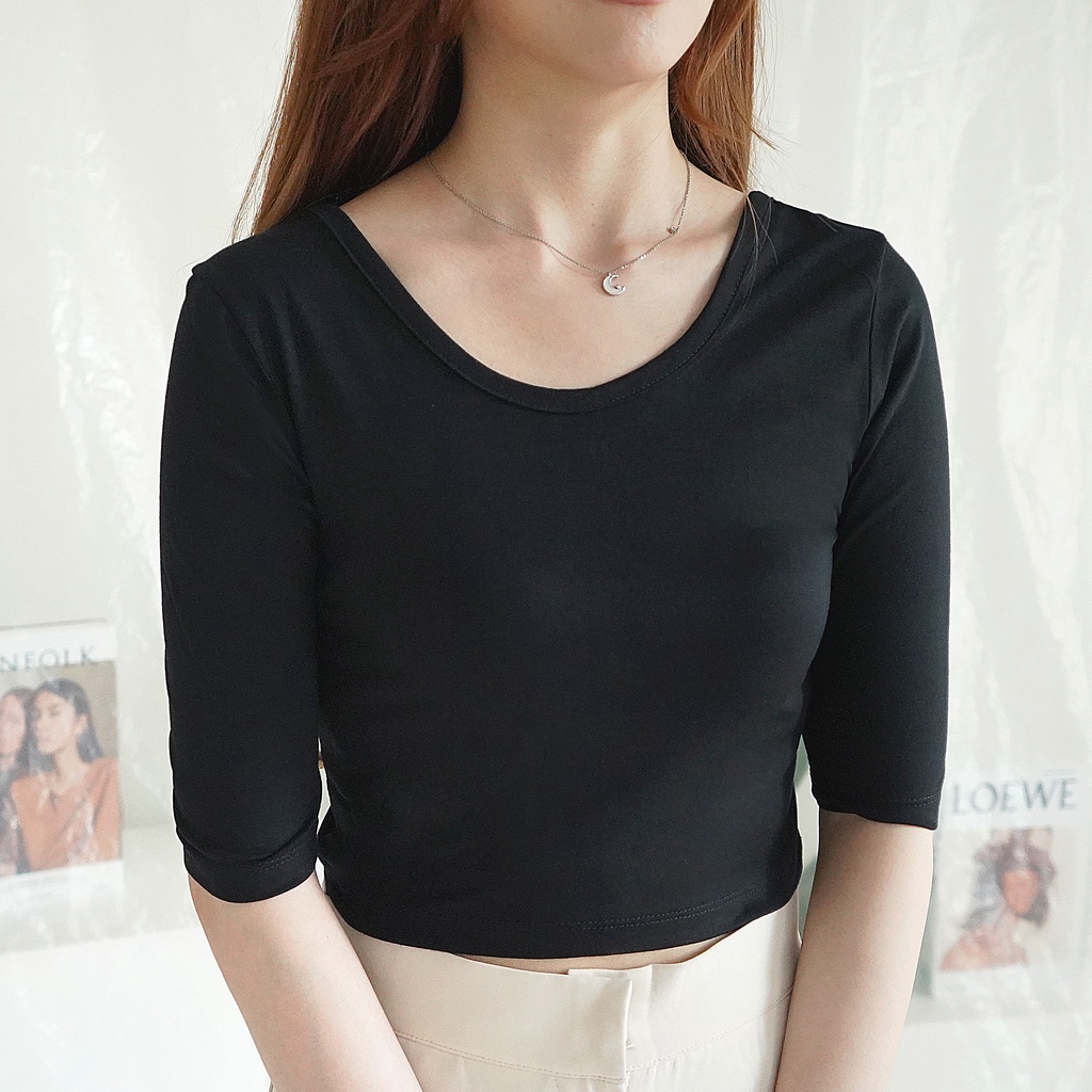 Korean Crop Top Kaos Casual Plain Short Sleeve Crop Top lengan 3/4 Baju Atasan Wanita 085