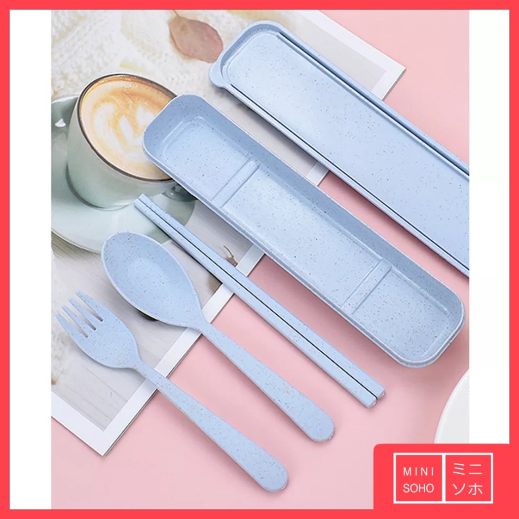 Sendok Garpu Sumpit Set 3 in 1 Bahan Jerami + Kotak Set Perlengkapan Alat Makan Portable Travel