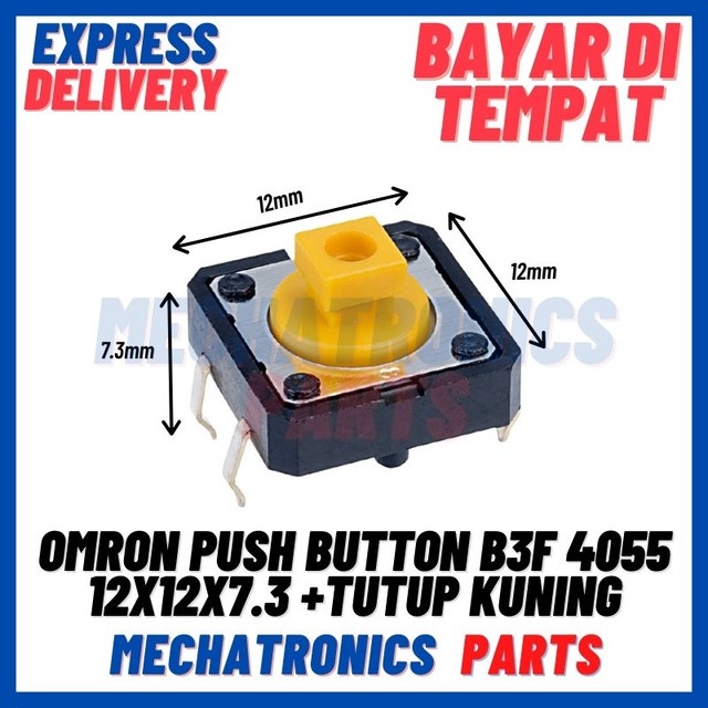 2PCS [SWI-9099] OMRON PUSH BUTTON B3F 4055 12X12X7.3 +TUTUP KEYCAP TACTILE TACT SWITCH KUNING