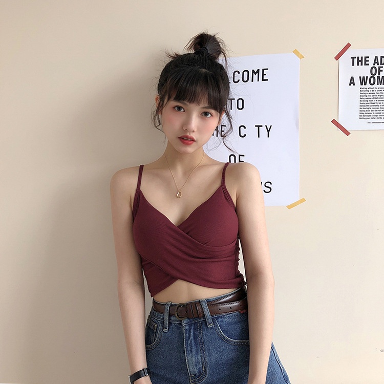 TankTop Bra With Cup Korean Style Silang BH Singlet Wanita Import Atasan Wanita Terbaru Bahan Katun Sexy Tank Top Cross Twist V Neck Import 1155