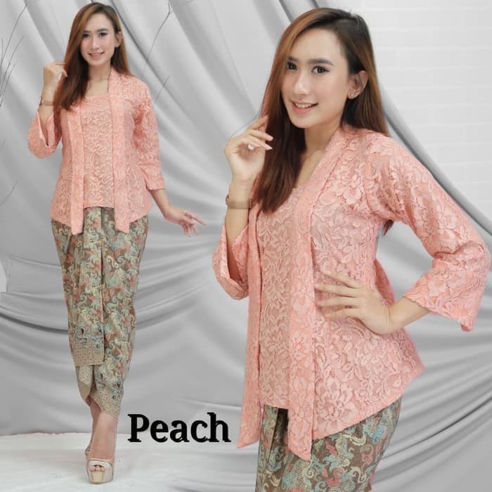 Setelan Kebaya Modern Brukat Model Kutubaru, Set Kebaya Wisuda Brokat Aneka Pilihan Warna-SET PEACH