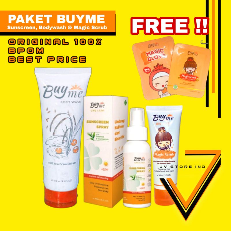 Buyme Sunscreen , Bodywash &amp; Magic Tube Paket Free Magic Gloves &amp; Magic Scrub Sachet