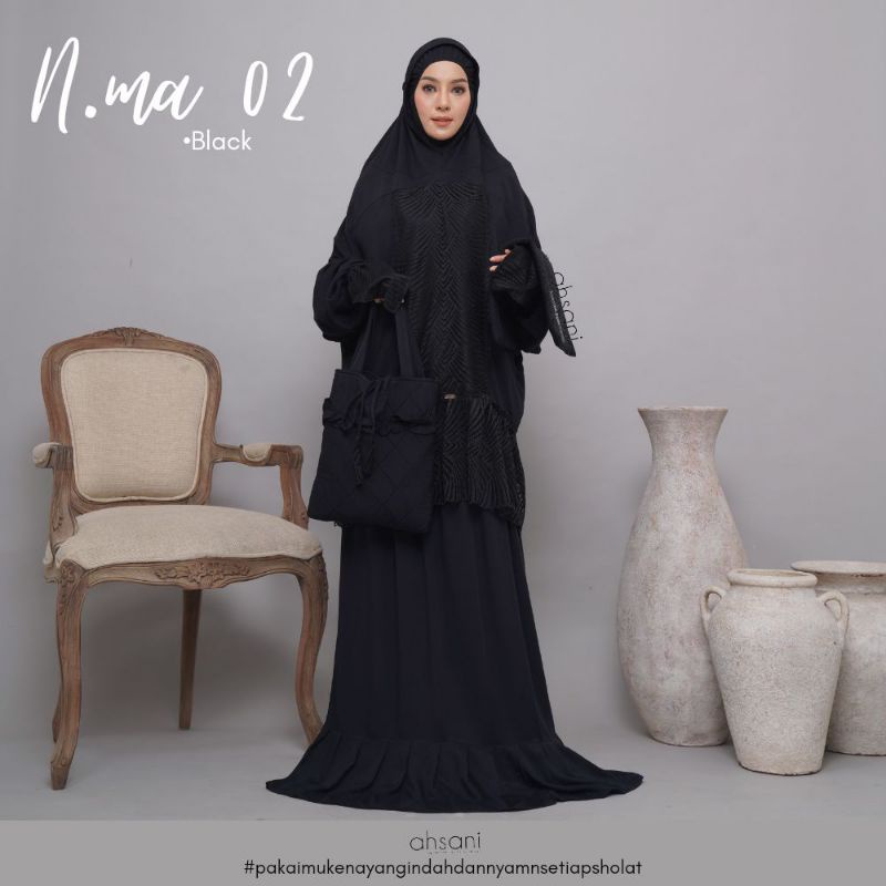 Mukena AHSANI Nma02 Dewasa Jumbo Hitam Atas Bawah Bertangan Polos Bahan Rayon twill Premium Dengan R