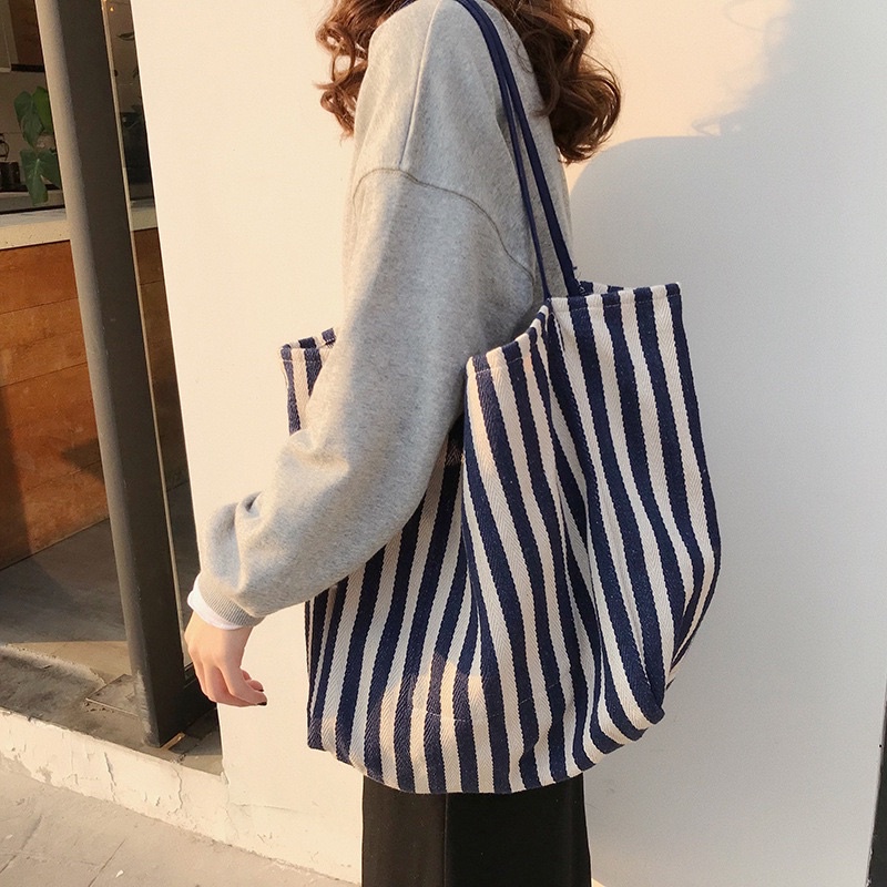 KOREAN STRIPE CANVAS TOTE BAG TAS BAHU KOREA