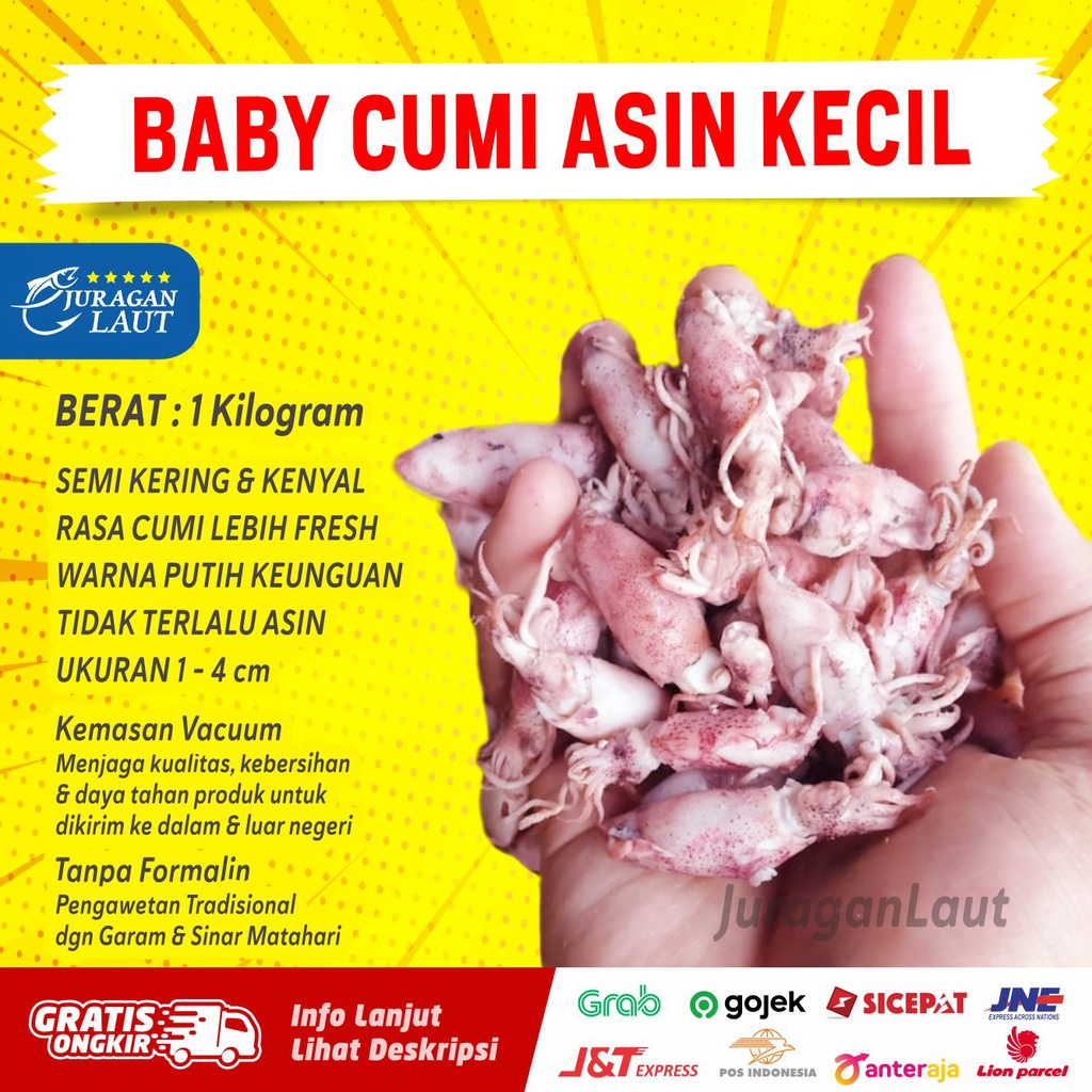 

Cumi Baby Asin Semi Kering Fresh Premium Super (rebus) 1kg size 1 - 4cm (rata2 2-3cm)