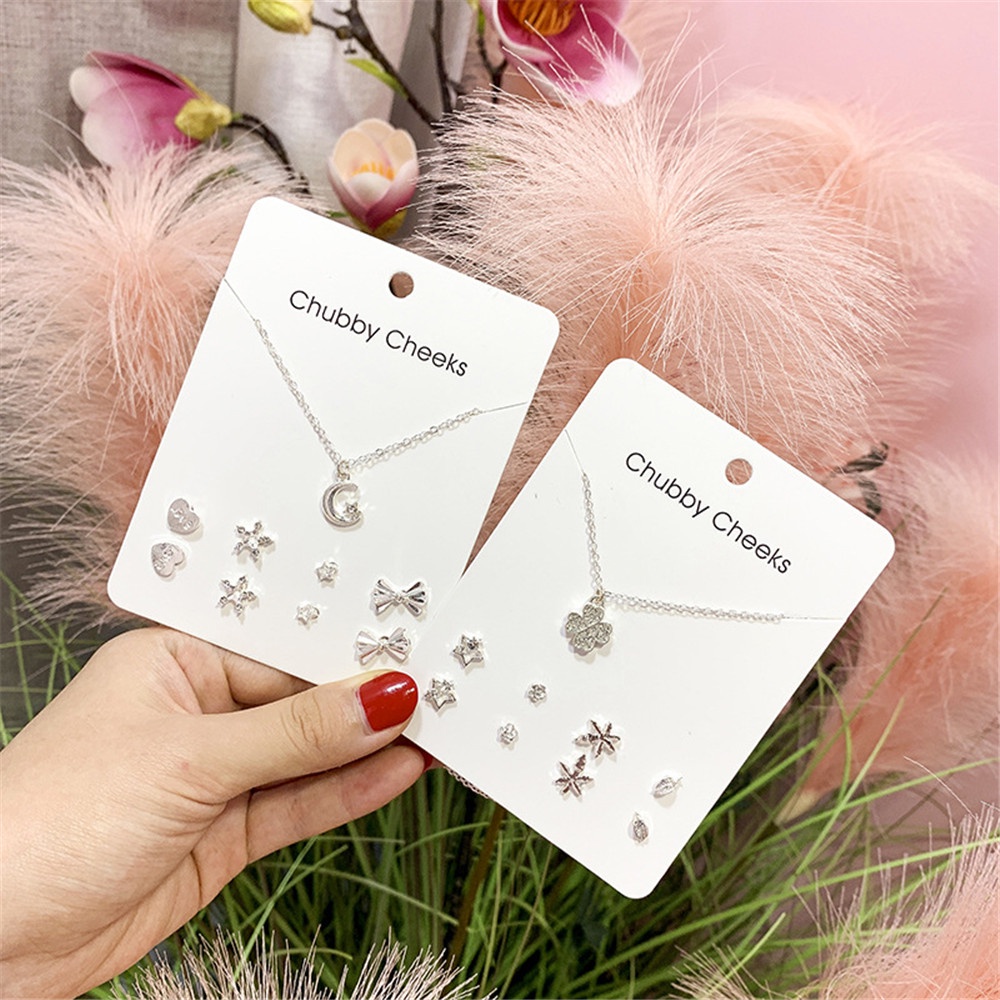 aaoottuuoo5.id [XIJING] 9 Buah Set Kalung dan Anting Mingguan Korea | Rantai Klavikula Berbentuk Hati Mutiara Empat Daun Bunga