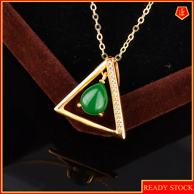 [Ready Stock]Hotian Jade Pendant S925 Silver Triangle Gold Necklace Elegant Graceful